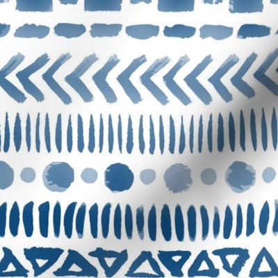Classic Blue Watercolor Geometric Shapes Doodle Stripes - Medium Scale