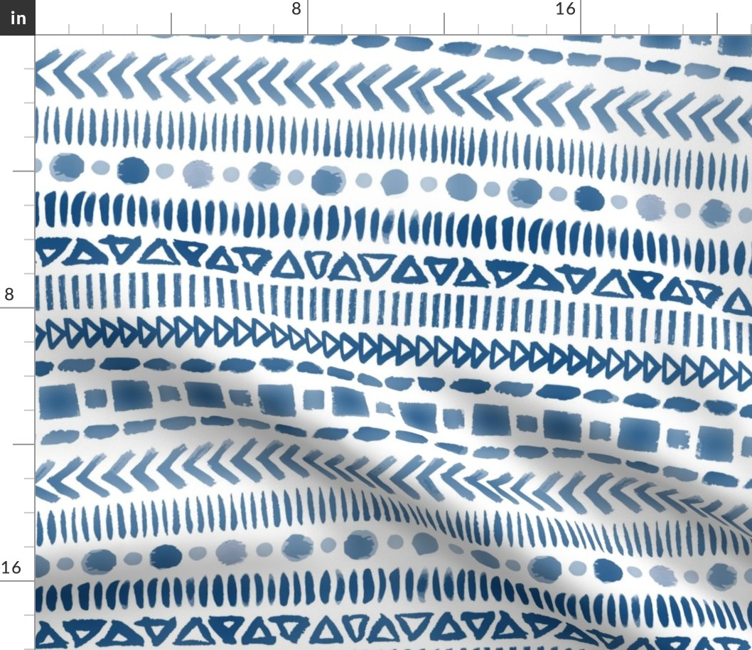 Classic Blue Watercolor Geometric Shapes Doodle Stripes - Medium Scale