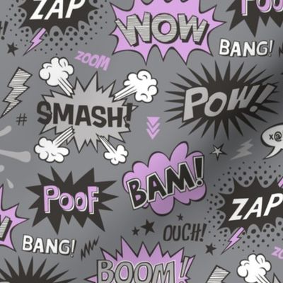 Superhero Comic Pop art Speech Bubbles Words Purple on Grey