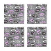 Superhero Comic Pop art Speech Bubbles Words Purple on Grey