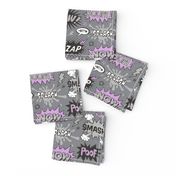 Superhero Comic Pop art Speech Bubbles Words Purple on Grey