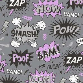 Superhero Comic Pop art Speech Bubbles Words Purple on Grey