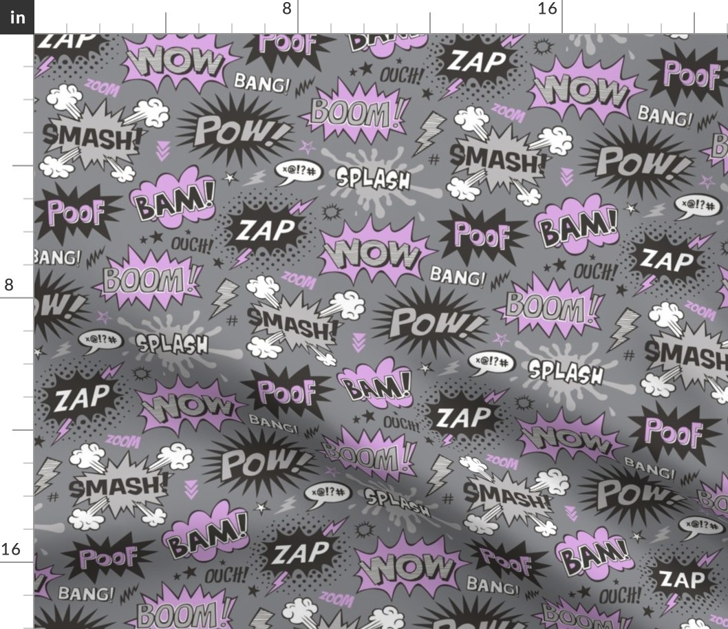 Superhero Comic Pop art Speech Bubbles Words Purple on Grey