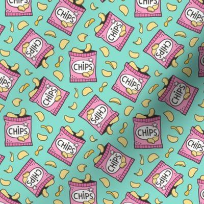 Potato Chips Fast Food Pink on Mint Green Smaller 1,5 Inch