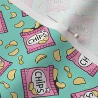 Potato Chips Fast Food Pink on Mint Green Smaller 1,5 Inch