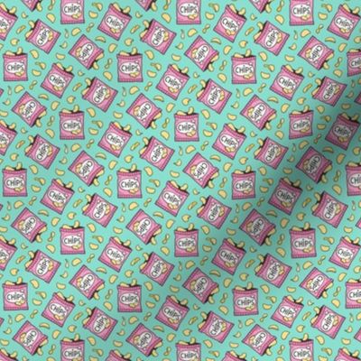 Potato Chips Fast Food Pink on Mint Green Tiny Small 0,75 Inch