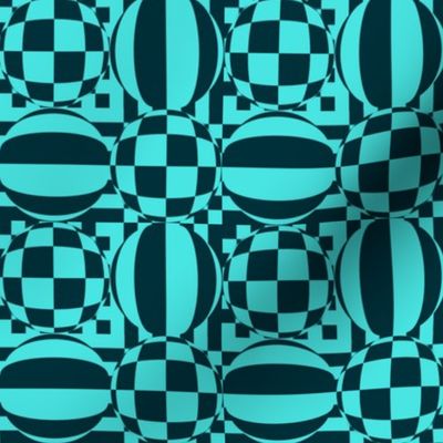 JP33 - Medium - Quatrefoil of Checked and Striped Spheres  in Aqua and Dark Teal.