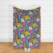 Boho Summer Floral on Classic Blue Jumbo Large Scale