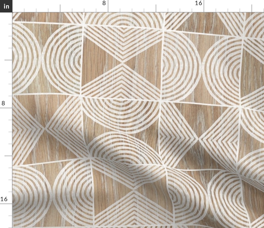 Boho Tribal Woodcut Neutral Geometric Shapes on Natural Wood