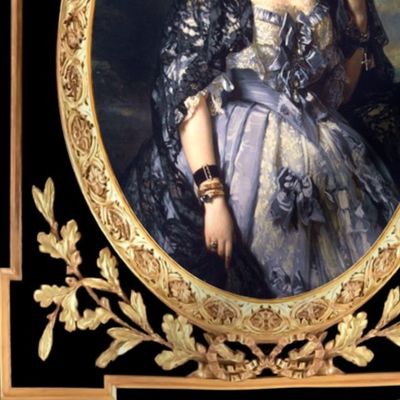 Victorian pearl necklaces bracelets dress blue gowns fairy tales gold baroque filigree roses bows cherubs angels lace beautiful lady woman beauty flowers laurel wreath leaves leaf ringlets curly barrel curls black hair oval border frame floral swirls blac
