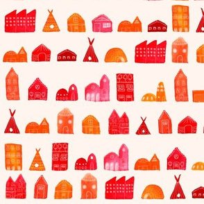 Watercolour, houses, city, village, red, orange