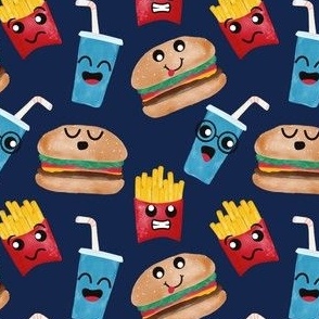 Kawaii Burgers Fries Fast Food Dark Blue