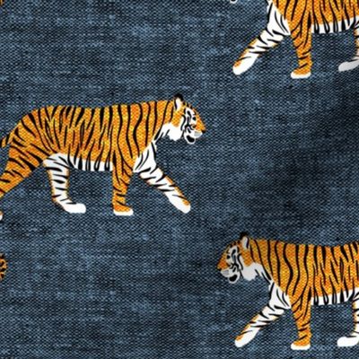 (large scale) walking tigers on blue (woven) C20BS