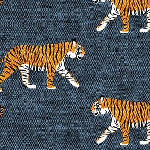 (large scale) walking tigers on blue (woven) C20BS