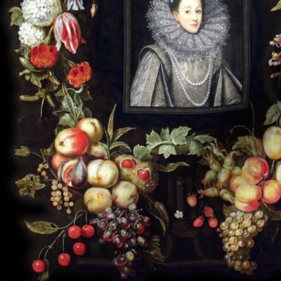fruits Queen Elizabeth 1 inspired princesses Queens renaissance Tudor baroque pearls black white gown flower floral big lace ruff collar frame border black white red yellow grapes peaches grapes cherry cherries strawberries strawberry pomegranate butterfl