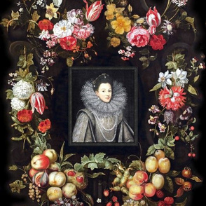 fruits Queen Elizabeth 1 inspired princesses Queens renaissance Tudor baroque pearls black white gown flower floral big lace ruff collar frame border black white red yellow grapes peaches grapes cherry cherries strawberries strawberry pomegranate butterfl