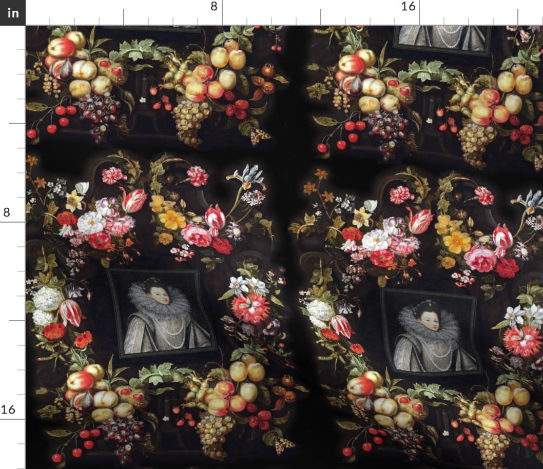 fruits Queen Elizabeth 1 inspired princesses Queens renaissance Tudor baroque pearls black white gown flower floral big lace ruff collar frame border black white red yellow grapes peaches grapes cherry cherries strawberries strawberry pomegranate butterfl