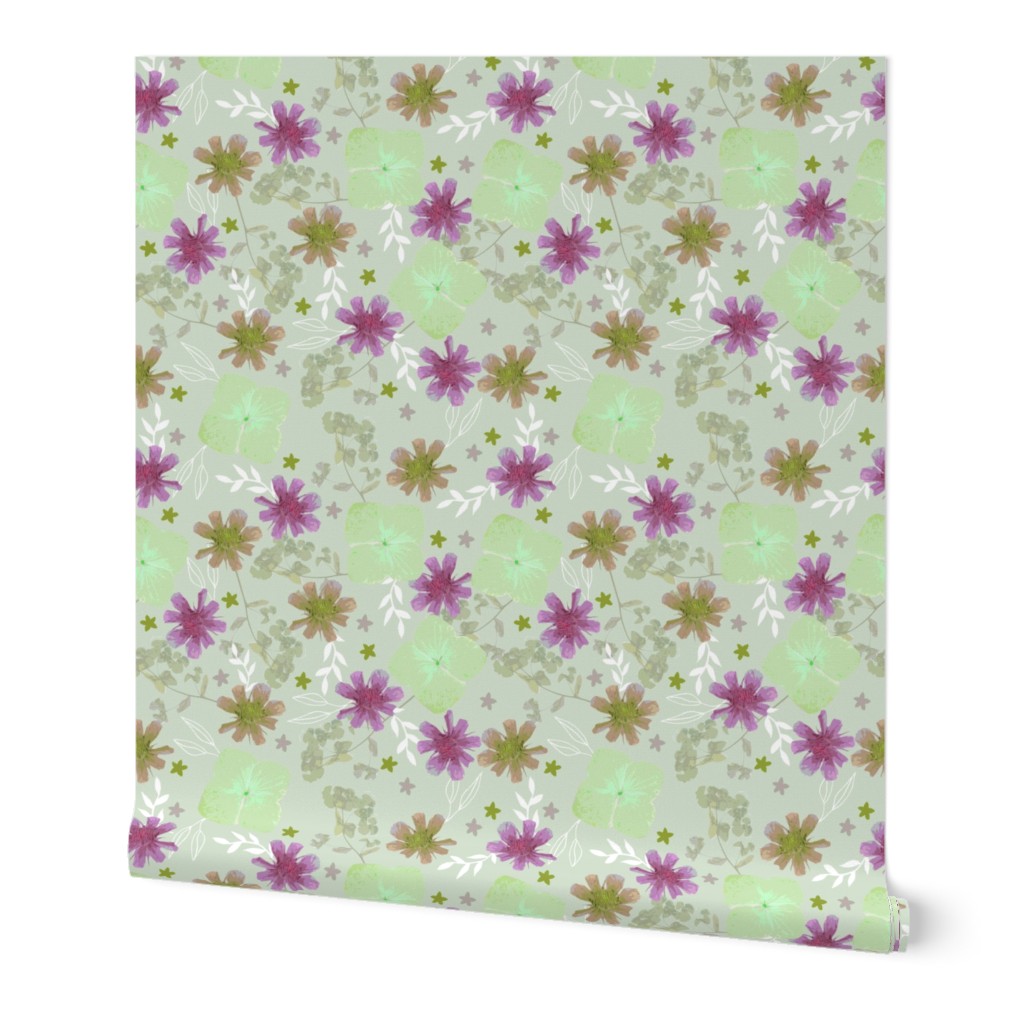 Pressed Flowers green and lilac