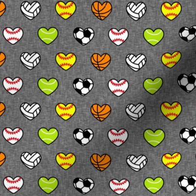 (small scale) sports hearts - softball, tennis, soccer, volleyball, basketball hearts - grey - LAD20