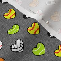 (small scale) sports hearts - softball, tennis, soccer, volleyball, basketball hearts - grey - LAD20