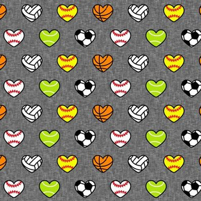 (small scale) sports hearts - softball, tennis, soccer, volleyball, basketball hearts - grey - LAD20