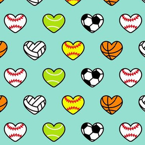 sports hearts - softball, tennis, soccer, volleyball, basketball hearts - aqua - LAD20