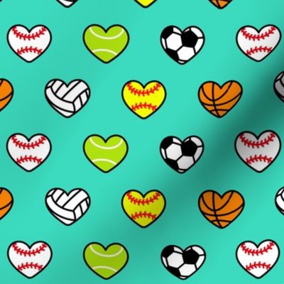 sports hearts - softball, tennis, soccer, volleyball, basketball hearts - teal - LAD20