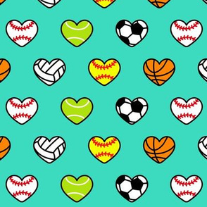 sports hearts - softball, tennis, soccer, volleyball, basketball hearts - teal - LAD20
