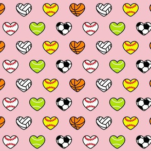 (small scale) sports hearts - softball, tennis, soccer, volleyball, basketball hearts - pink - LAD20