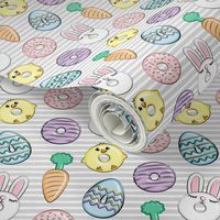 (1.25" scale) easter donuts - bunnies, chicks, carrots, eggs - easter fabric - grey stripes C20BS