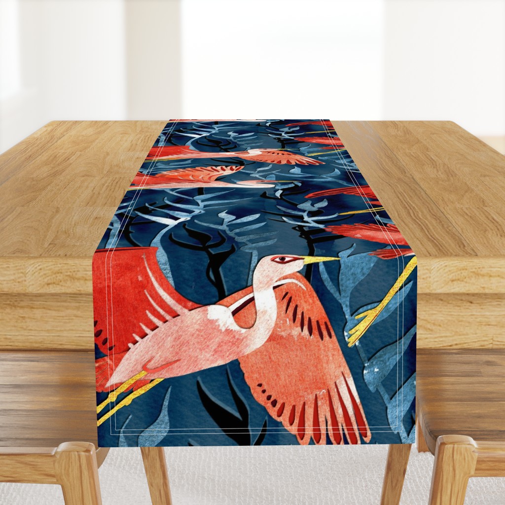 Birds and Reeds in Red and Blue