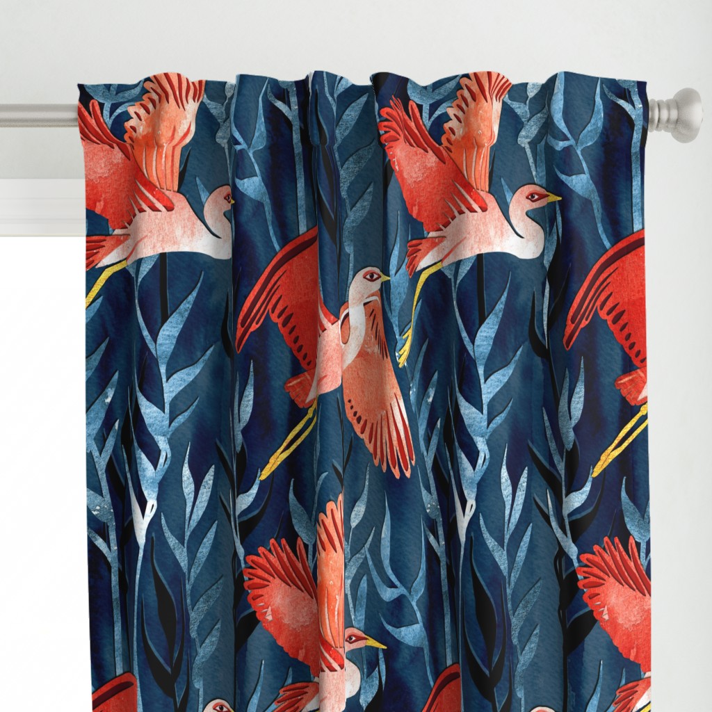 Birds and Reeds in Red and Blue