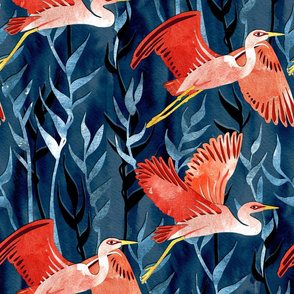 Birds and Reeds in Red and Blue