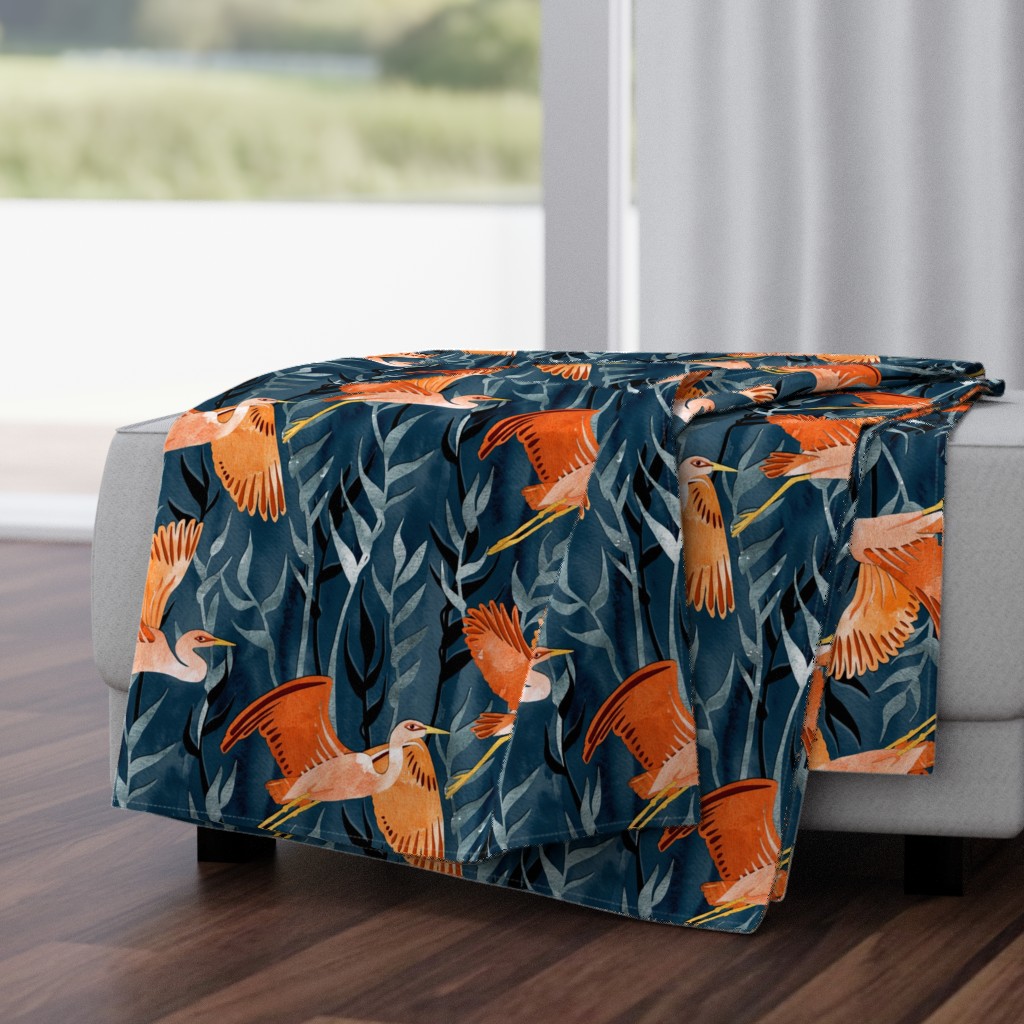 Birds and Reeds in Orange and Navy - large