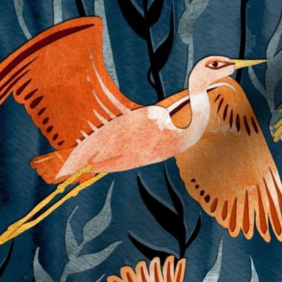 Birds and Reeds in Orange and Navy - large