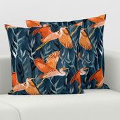 Birds and Reeds in Orange and Navy - large