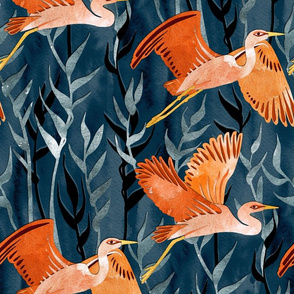 Birds and Reeds in Orange and Navy - large