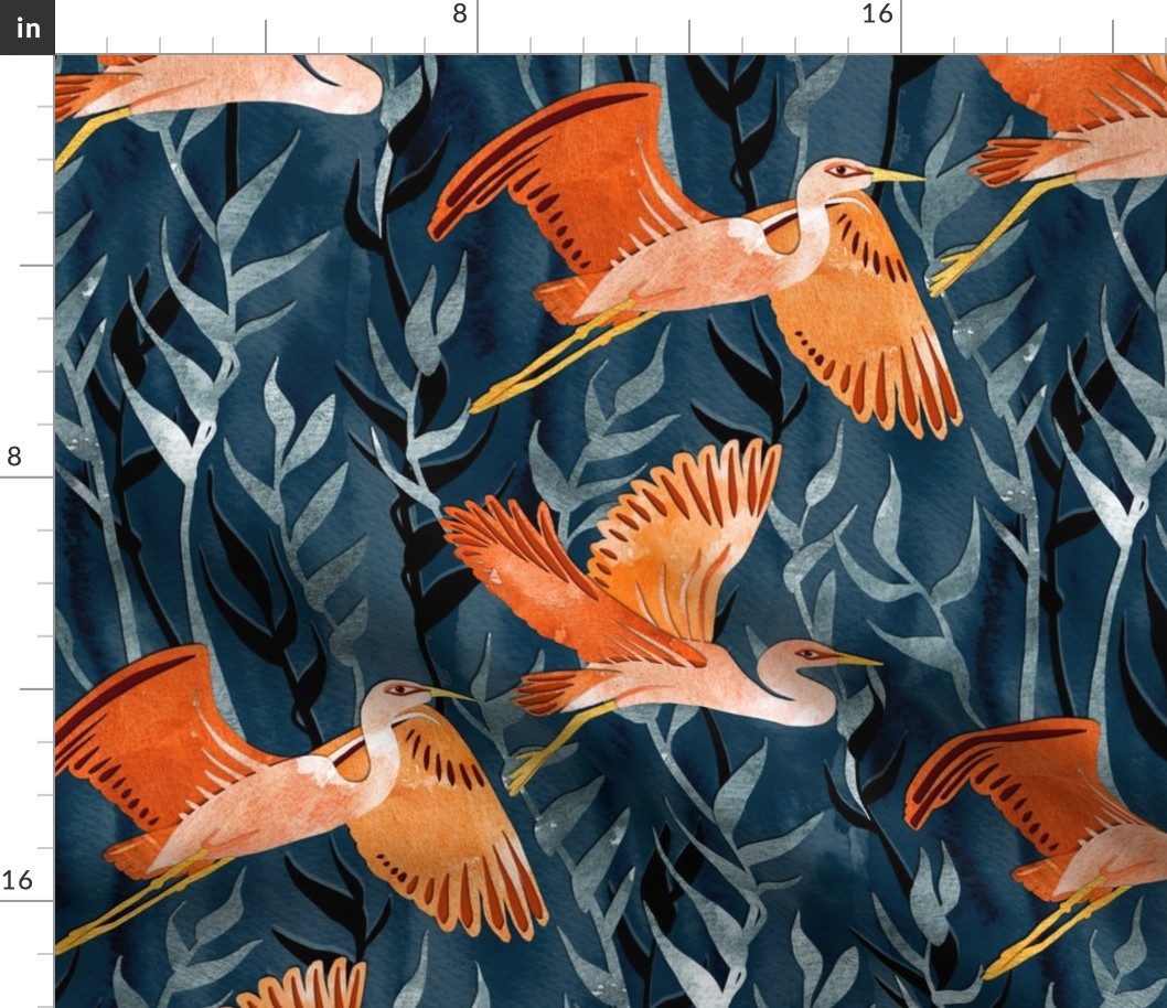 Birds and Reeds in Orange and Navy - large