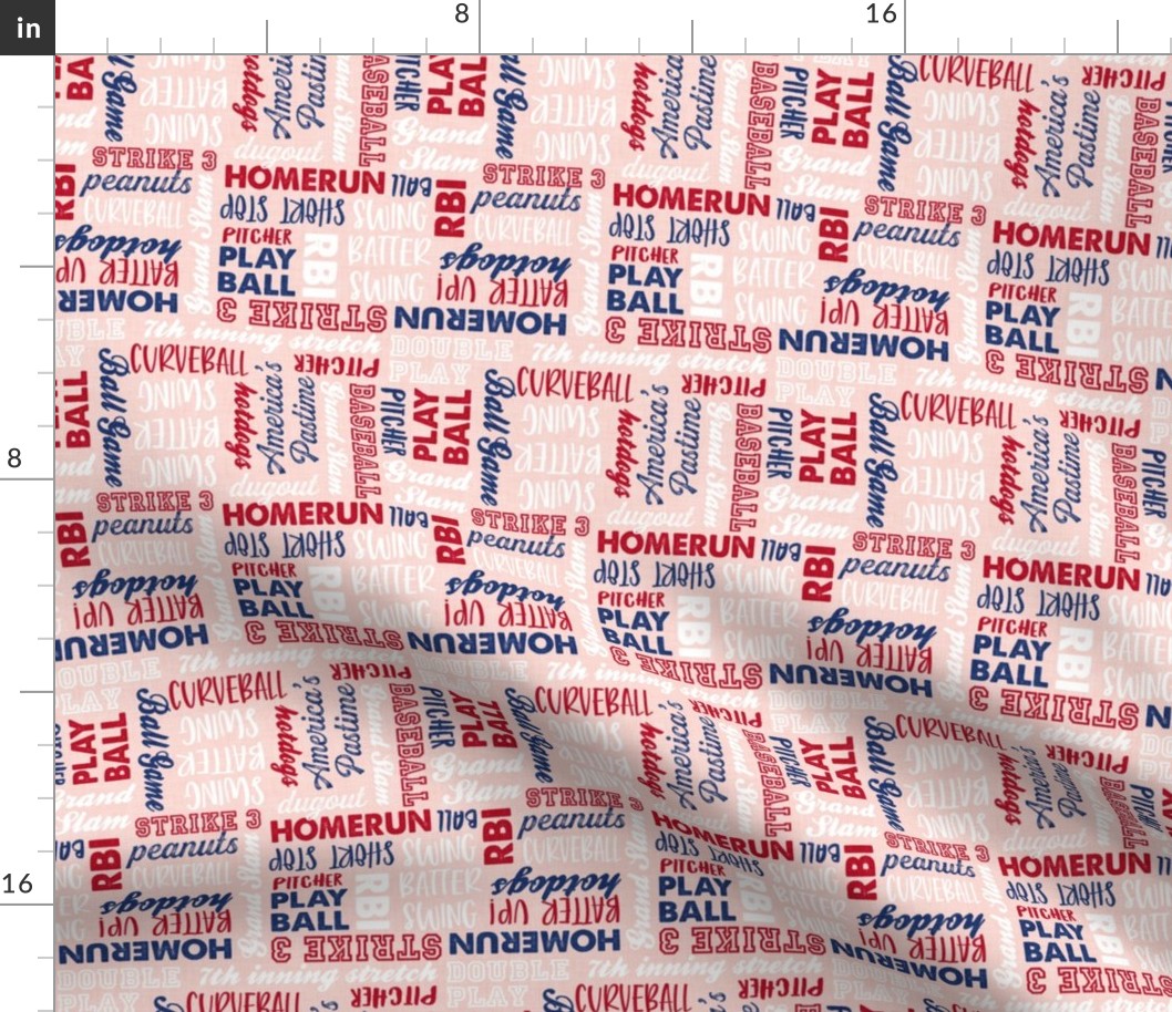 All things baseball - baseball fabric - red white and blue on pink - LAD20