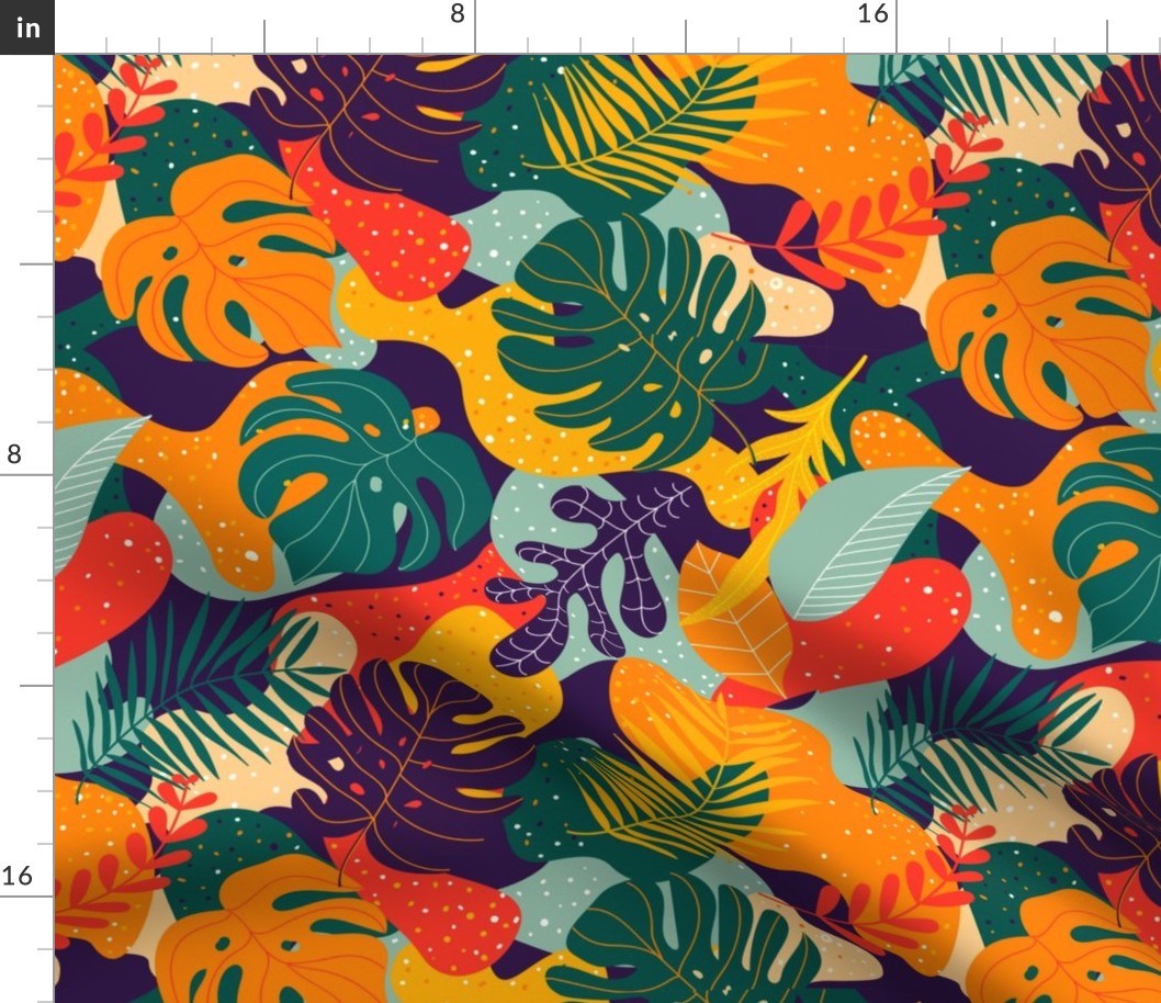 Tropical Leaves Orange Purple Green Red Yellow Gold-01