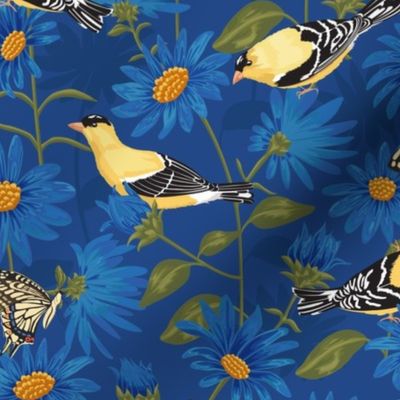 Goldfinches & Asters Blue