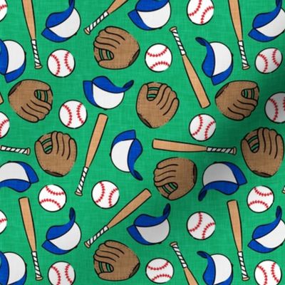 (small scale) baseball season - baseball bat, glove, ball - baseball themed - green - LAD20