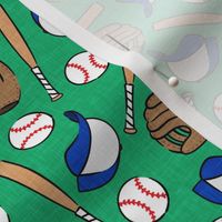 (small scale) baseball season - baseball bat, glove, ball - baseball themed - green - LAD20