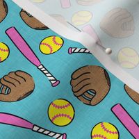 (small scale) Softball - softball glove, bat, ball - sports pink on blue - LAD20