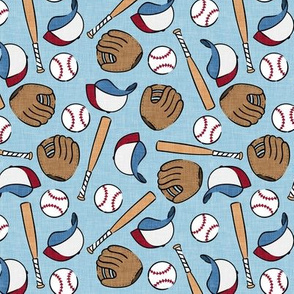 (small scale) baseball season - baseball bat, glove, ball - baseball themed - light blue - LAD20
