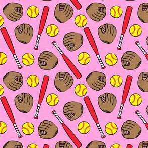 (small scale) Softball - softball glove, bat, ball - sports red & pink - LAD20