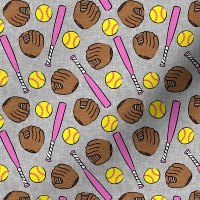 (small scale) Softball - softball glove, bat, ball - sports pink on grey - LAD20