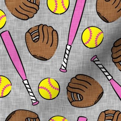 Softball - softball glove, bat, ball - sports pink on grey - LAD20