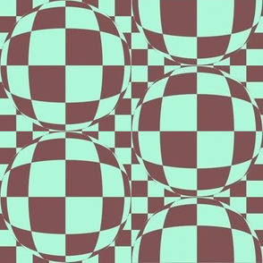 JP28 - Medium Scale - Bubbly Op Art Checks in Raspberry Brown and Minty Green Checkerboard