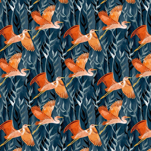 Birds and Reeds in Orange and Navy - small